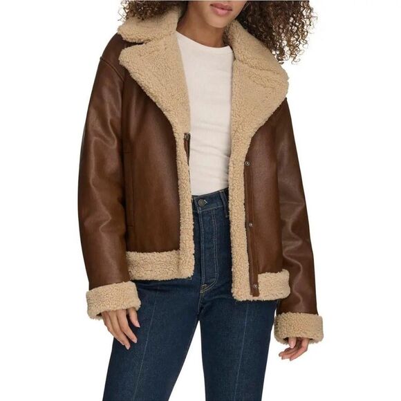 Levi's Women's Faux Leather Full Zip Trucker Jacket Brown Small NWT - Picture 1 of 8